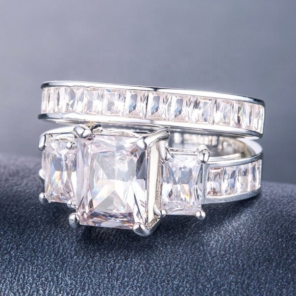 🎀  925 Silver Plated Promise Ring CZ Wedding Couple Ring, FB16FA1090 - Picture 4 of 5